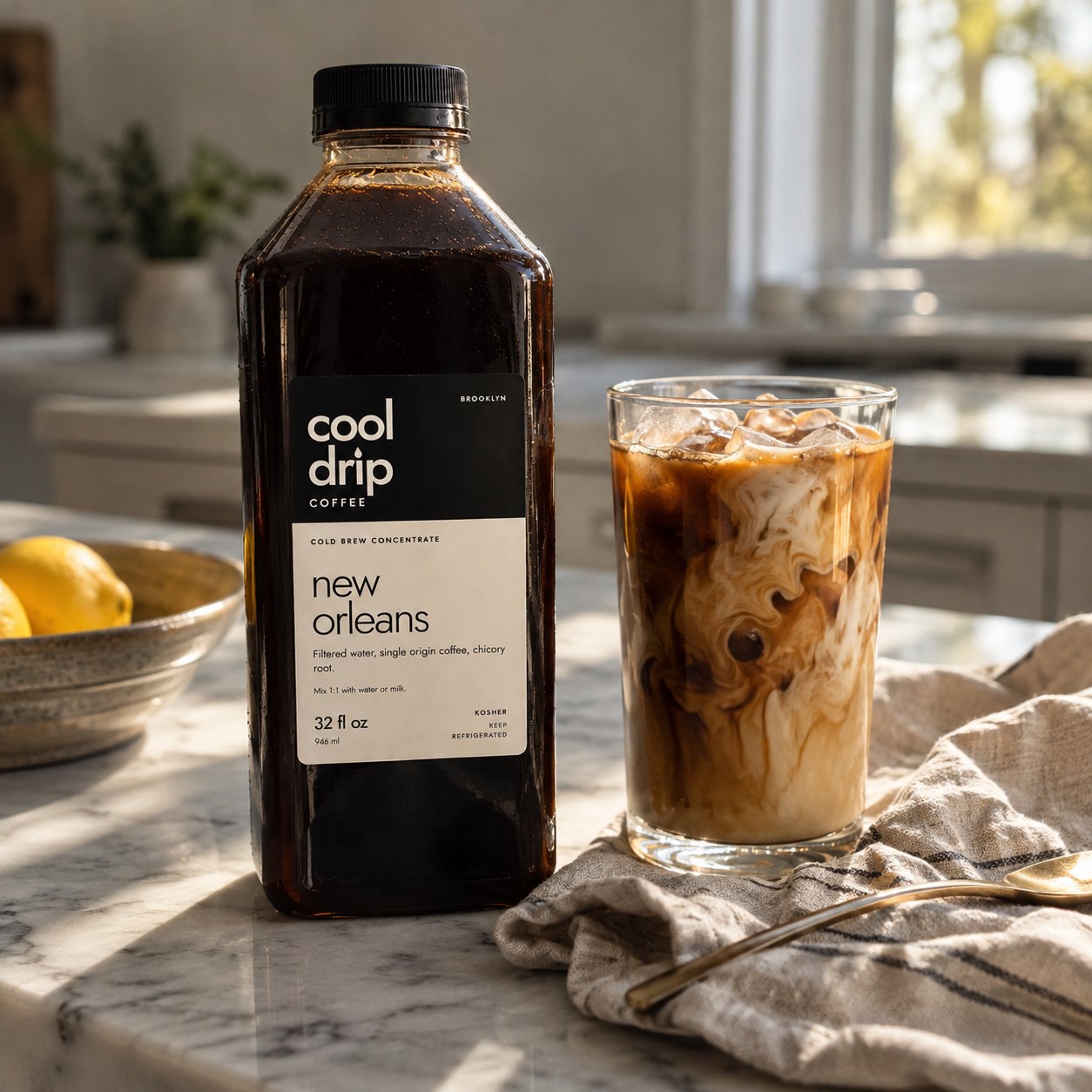 The Cool Drip bottle beside an iced latte on a kitchen table